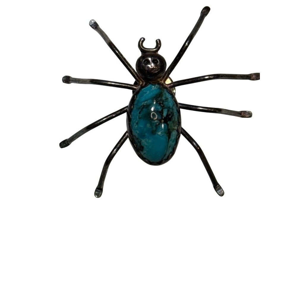 Vintage  Navajo Sterling Silver With Cabochon Turquoise Spider Pin Brooch  Handm